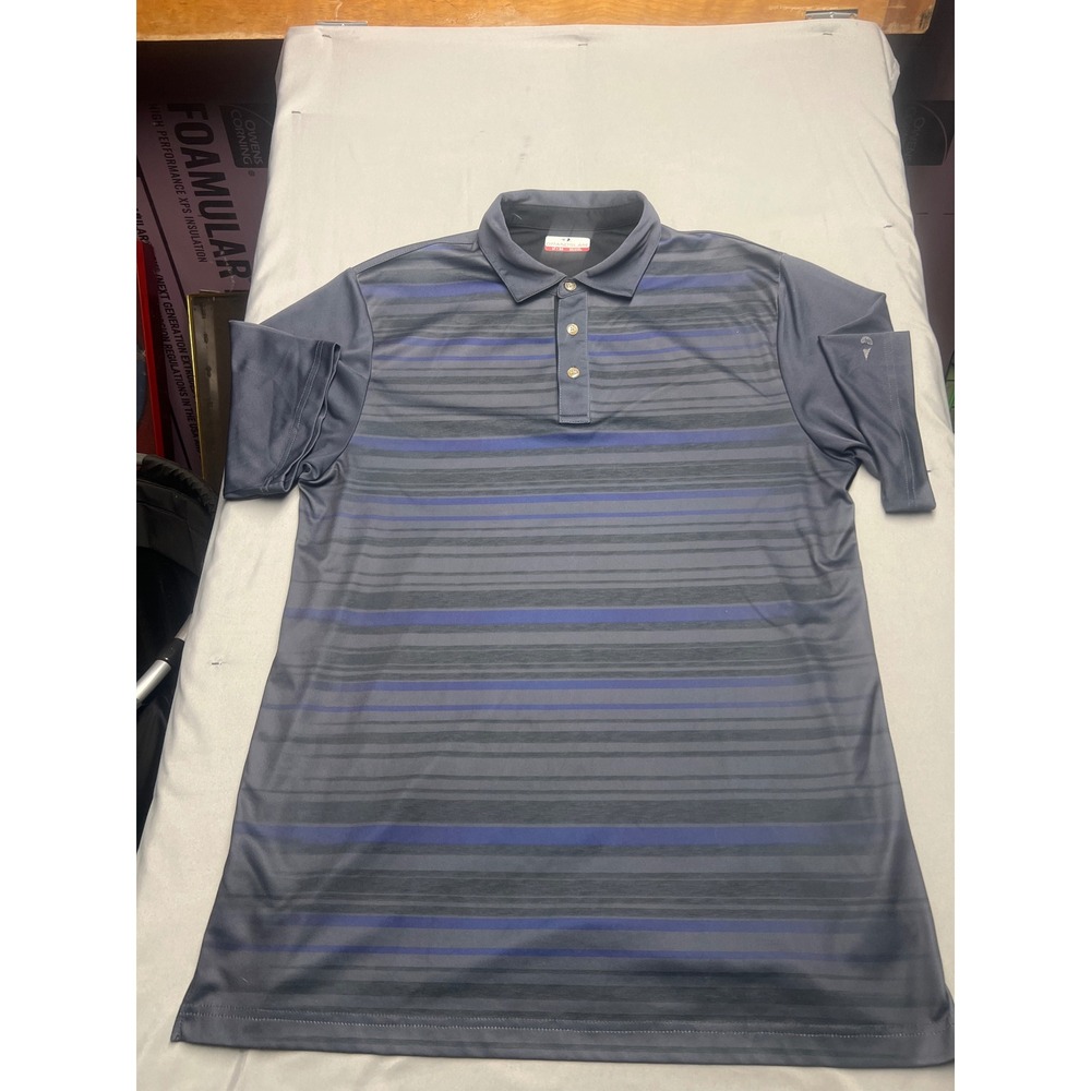Grand Slam Mens LT Grey Blue Striped Short Sleeve Performance Golf Polo Shirt